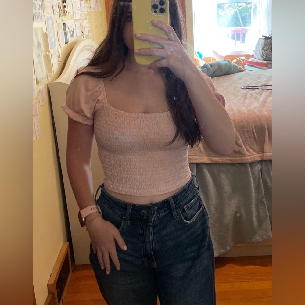 Forever 21 Pink Puff Sleeve Smocked Crop Top